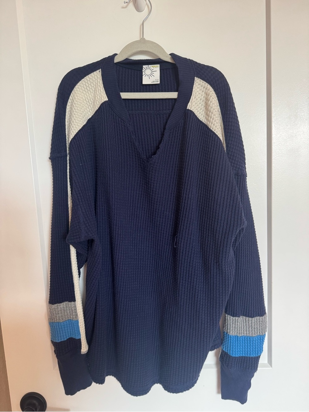 Women’s Long Sleeve Waffle Knit Pullover - Navy & Cream